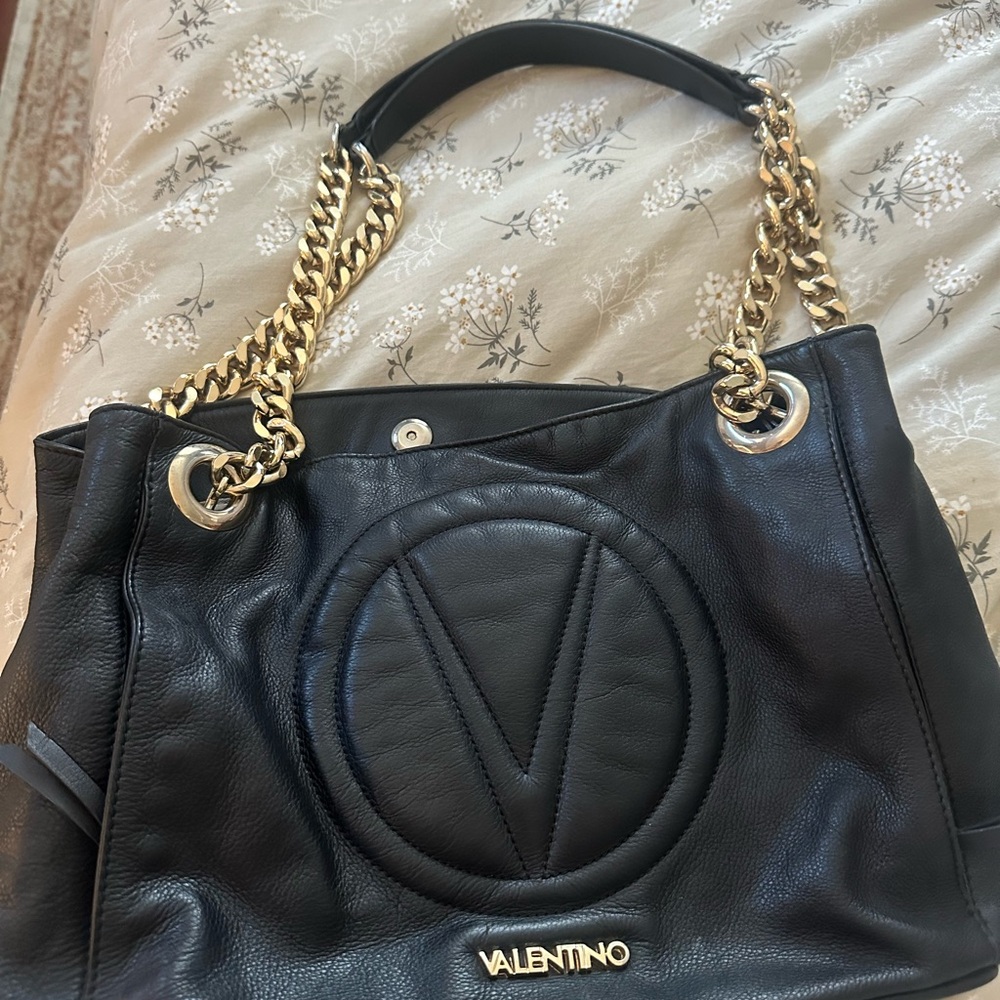 Valentino Black Leather Shoulder Bag with Gold Chain